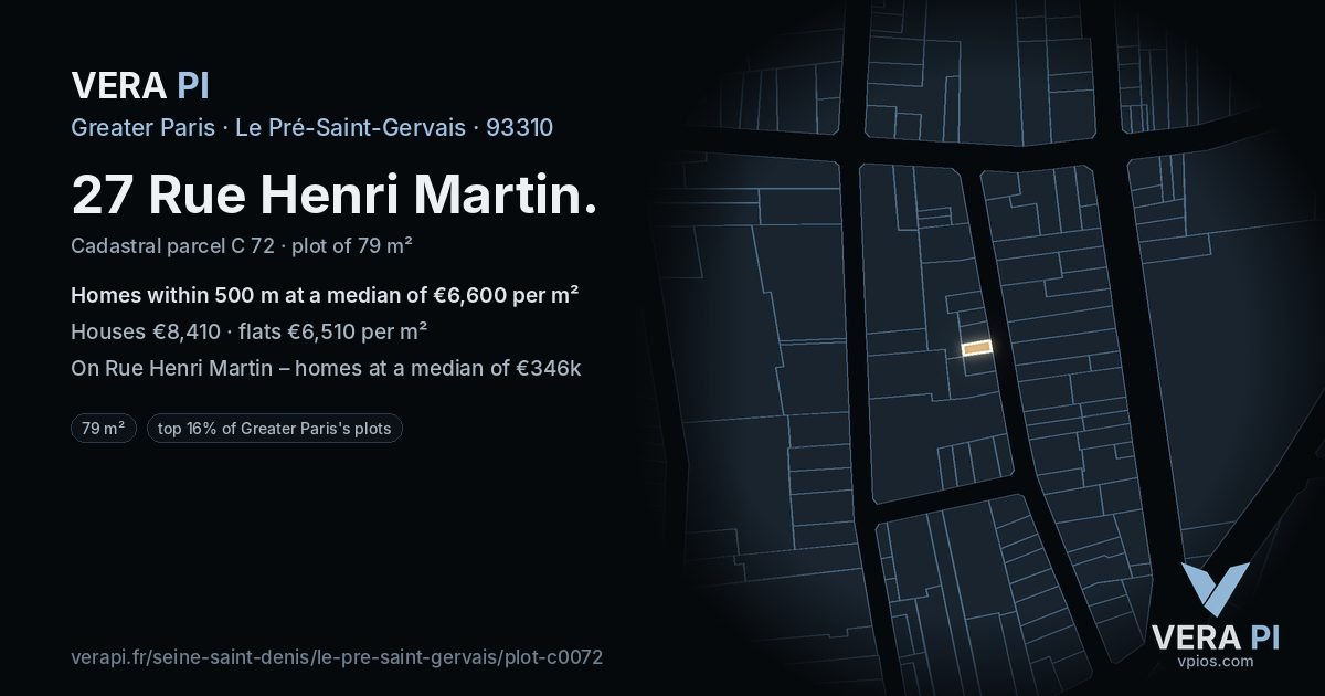 27 Rue Henri Martin, Le Pré-Saint-Gervais at night – the plot lit, the parcels around coloured by the prices near them