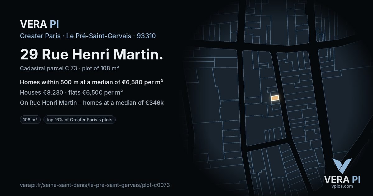 29 Rue Henri Martin, Le Pré-Saint-Gervais at night – the plot lit, the parcels around coloured by the prices near them