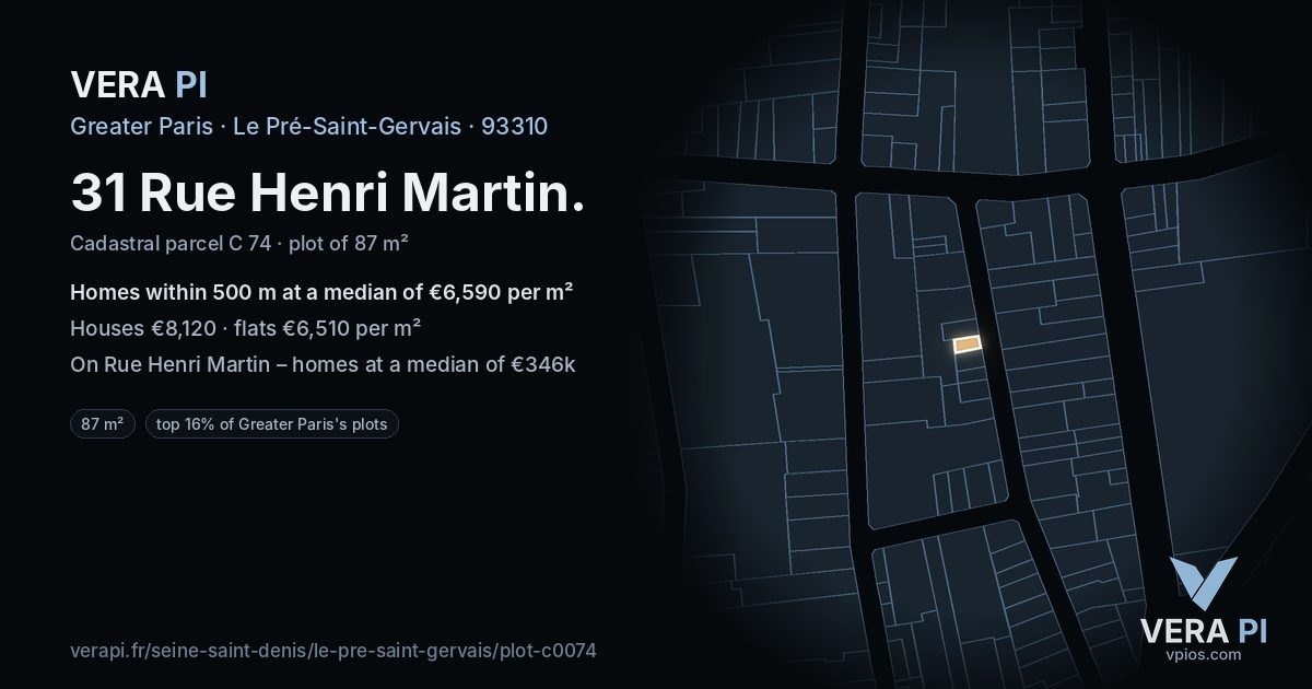 31 Rue Henri Martin, Le Pré-Saint-Gervais at night – the plot lit, the parcels around coloured by the prices near them