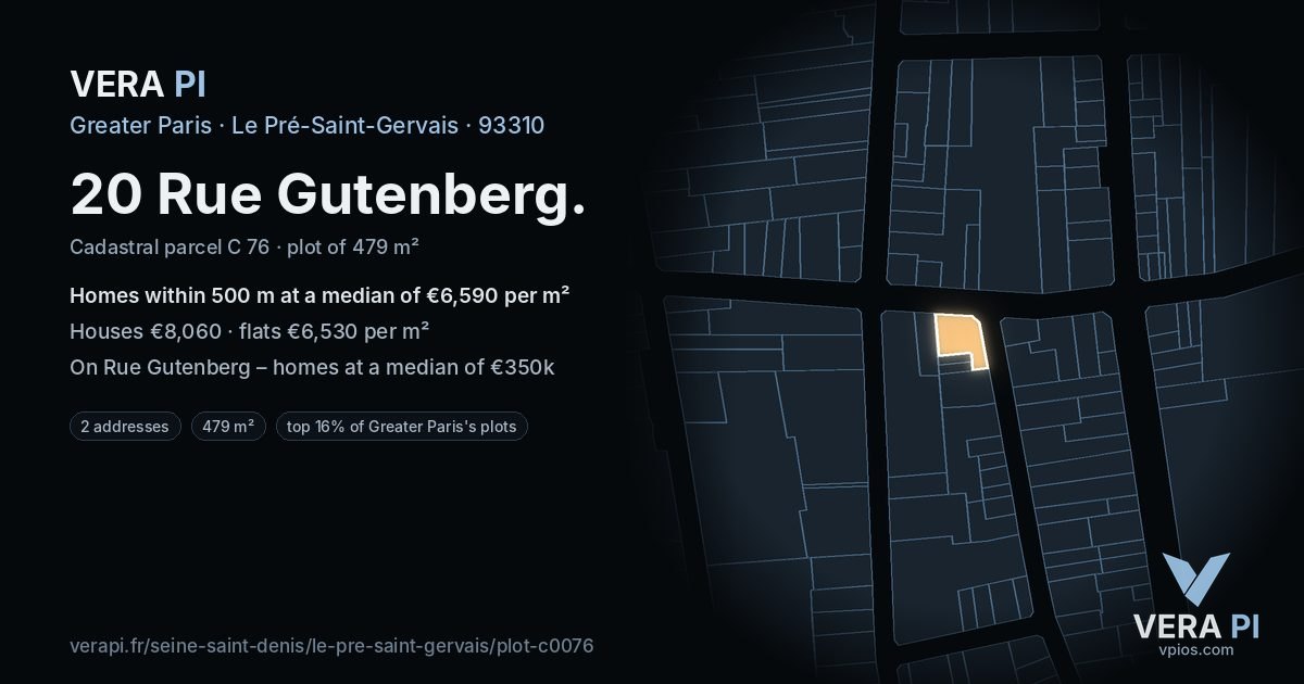 20 Rue Gutenberg, Le Pré-Saint-Gervais at night – the plot lit, the parcels around coloured by the prices near them