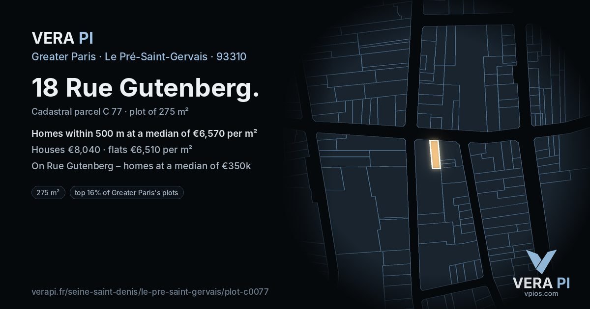 18 Rue Gutenberg, Le Pré-Saint-Gervais at night – the plot lit, the parcels around coloured by the prices near them