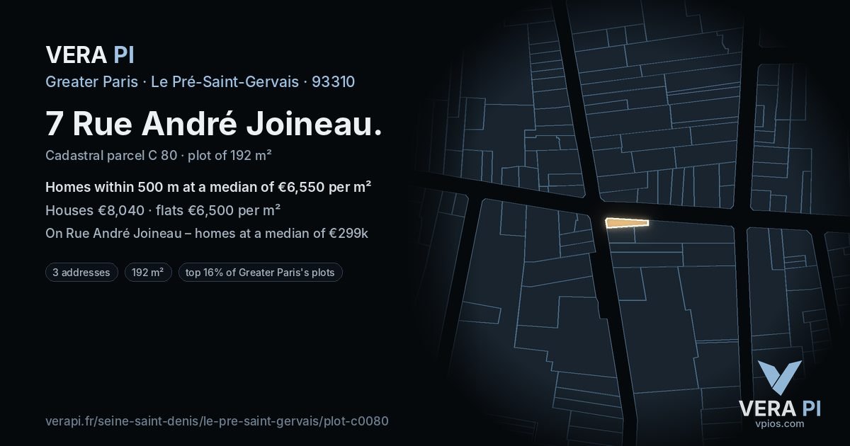 7 Rue André Joineau, Le Pré-Saint-Gervais at night – the plot lit, the parcels around coloured by the prices near them