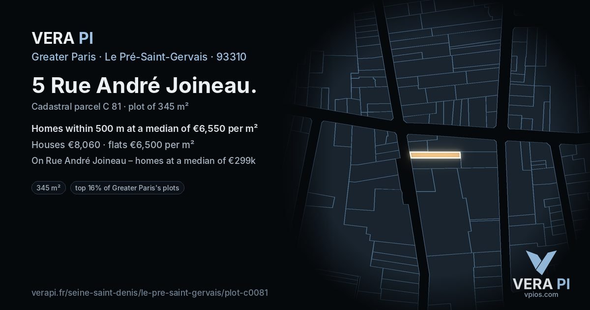 5 Rue André Joineau, Le Pré-Saint-Gervais at night – the plot lit, the parcels around coloured by the prices near them