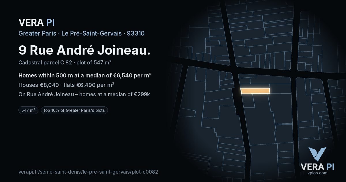 9 Rue André Joineau, Le Pré-Saint-Gervais at night – the plot lit, the parcels around coloured by the prices near them