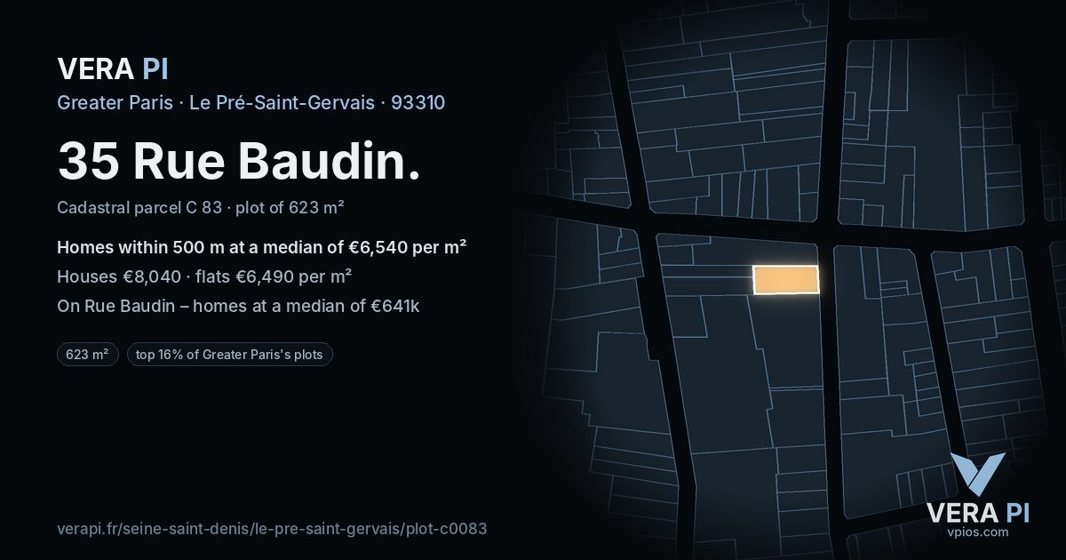 35 Rue Baudin, Le Pré-Saint-Gervais at night – the plot lit, the parcels around coloured by the prices near them