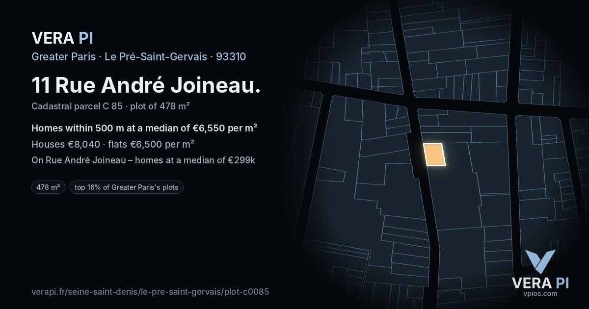 11 Rue André Joineau, Le Pré-Saint-Gervais at night – the plot lit, the parcels around coloured by the prices near them