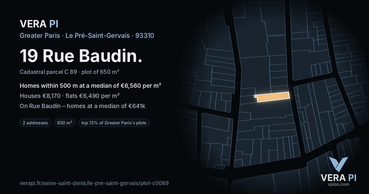 19 Rue Baudin, Le Pré-Saint-Gervais at night – the plot lit, the parcels around coloured by the prices near them