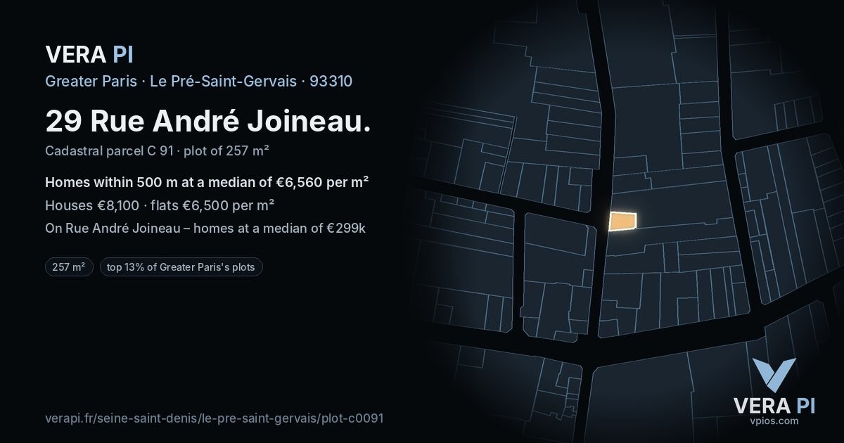 29 Rue André Joineau, Le Pré-Saint-Gervais at night – the plot lit, the parcels around coloured by the prices near them