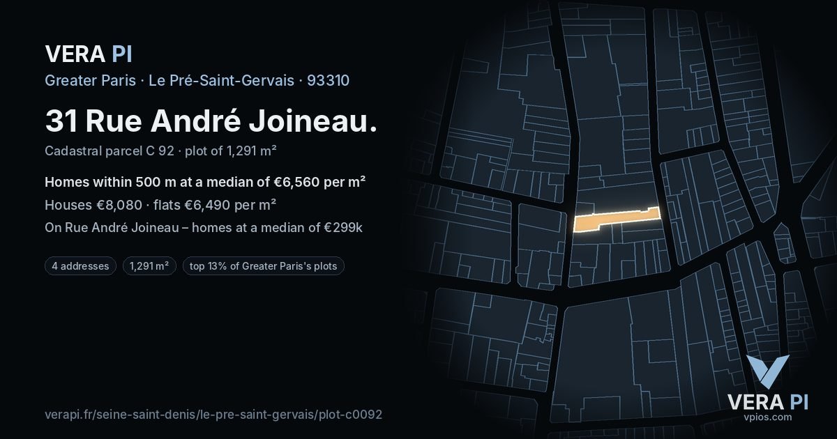 31 Rue André Joineau, Le Pré-Saint-Gervais at night – the plot lit, the parcels around coloured by the prices near them