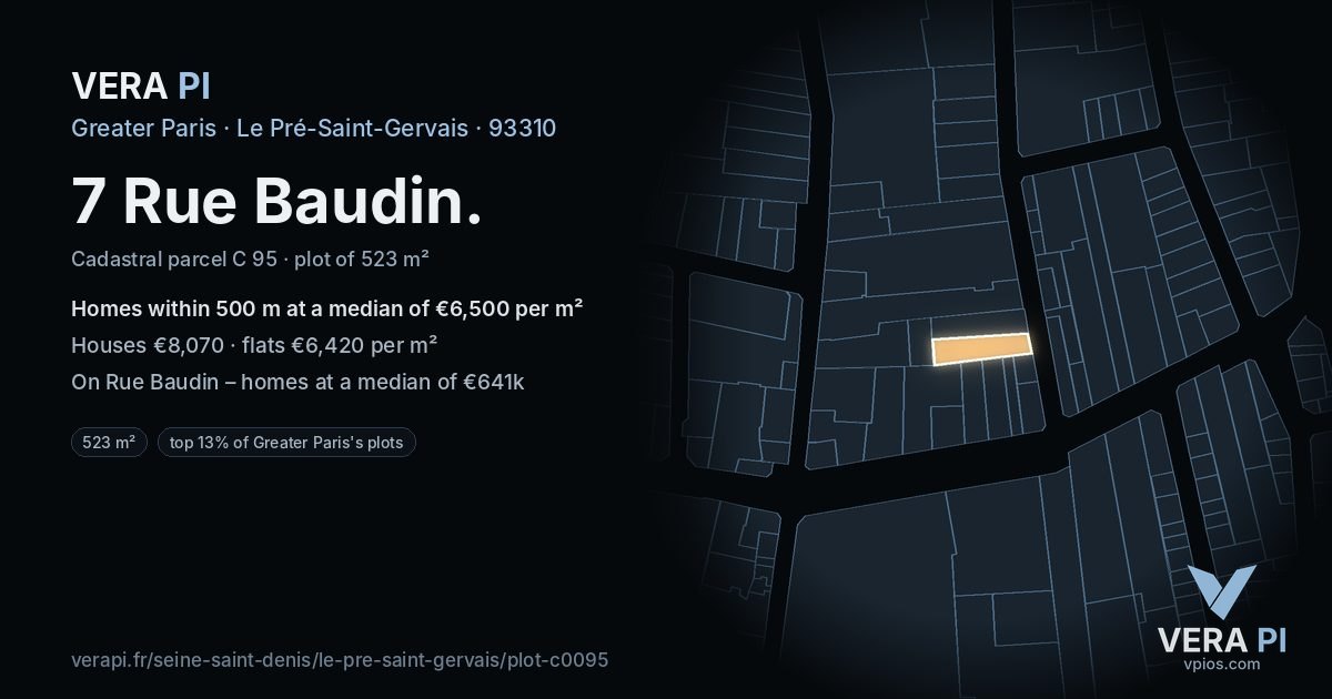 7 Rue Baudin, Le Pré-Saint-Gervais at night – the plot lit, the parcels around coloured by the prices near them