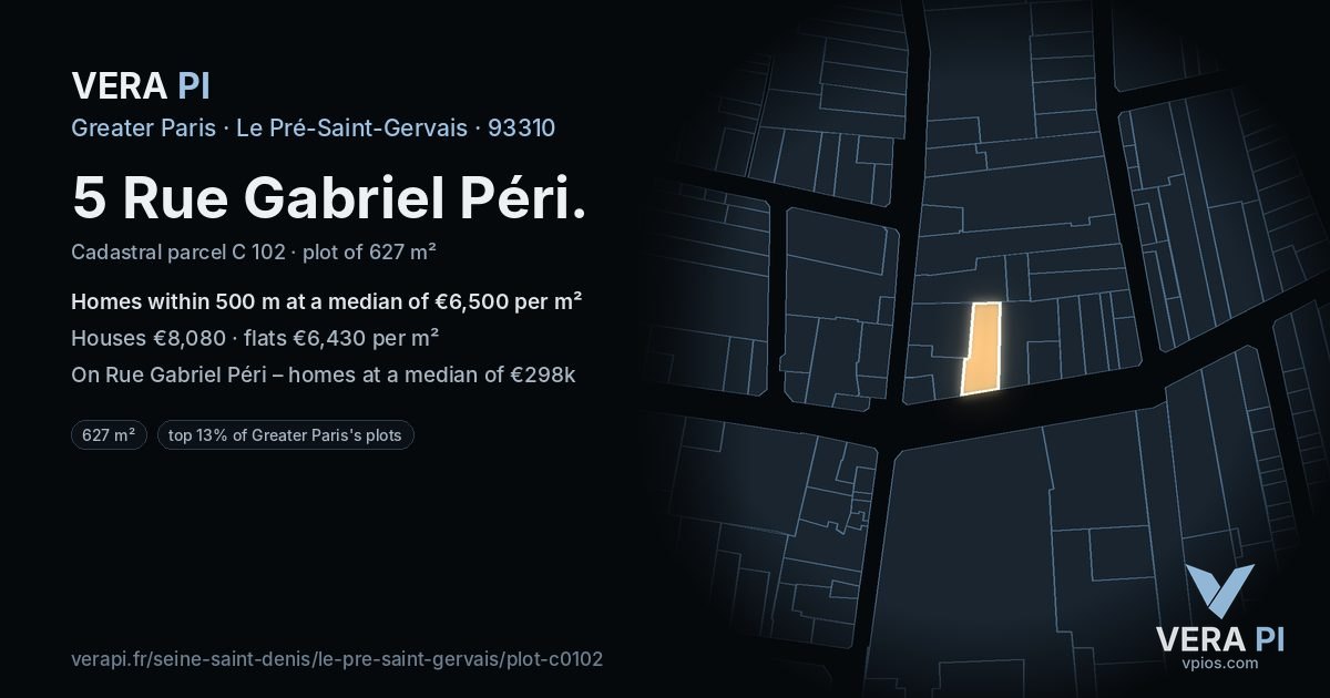 5 Rue Gabriel Péri, Le Pré-Saint-Gervais at night – the plot lit, the parcels around coloured by the prices near them