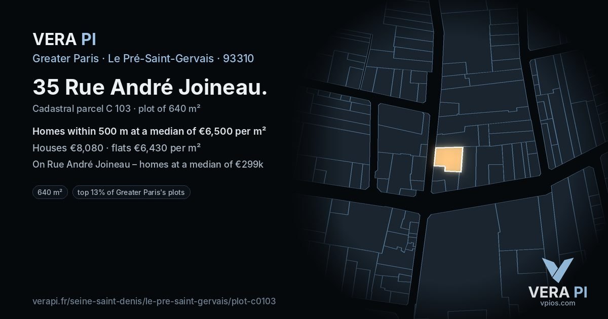 35 Rue André Joineau, Le Pré-Saint-Gervais at night – the plot lit, the parcels around coloured by the prices near them