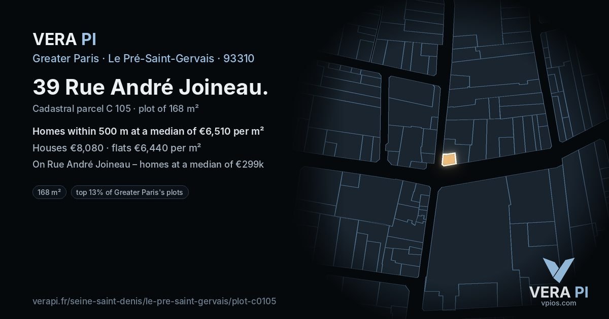 39 Rue André Joineau, Le Pré-Saint-Gervais at night – the plot lit, the parcels around coloured by the prices near them