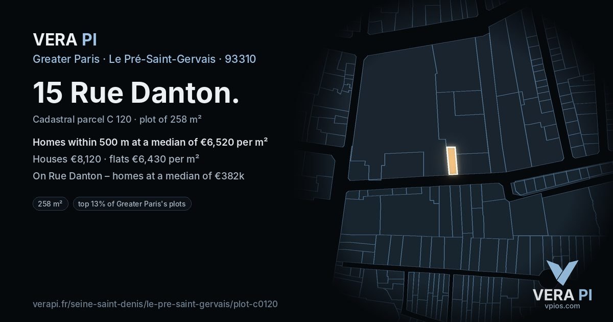 15 Rue Danton, Le Pré-Saint-Gervais at night – the plot lit, the parcels around coloured by the prices near them