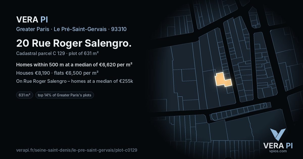 20 Rue Roger Salengro, Le Pré-Saint-Gervais at night – the plot lit, the parcels around coloured by the prices near them