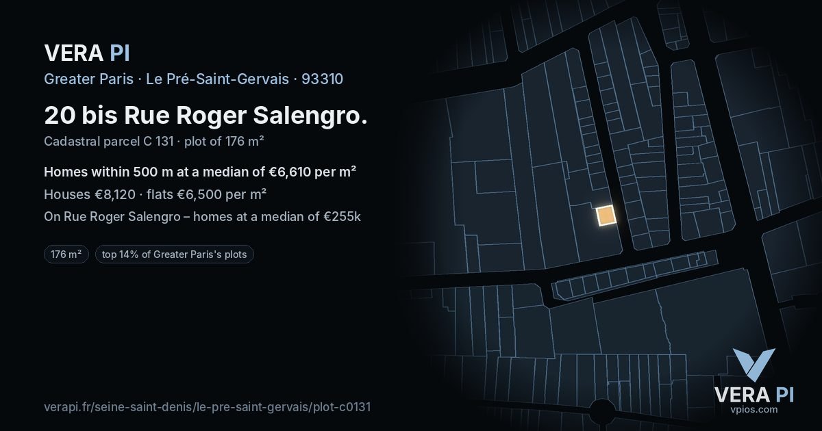 20 bis Rue Roger Salengro, Le Pré-Saint-Gervais at night – the plot lit, the parcels around coloured by the prices near them