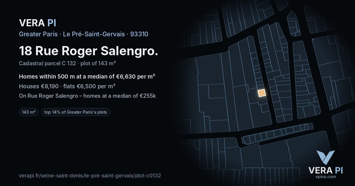 18 Rue Roger Salengro, Le Pré-Saint-Gervais at night – the plot lit, the parcels around coloured by the prices near them