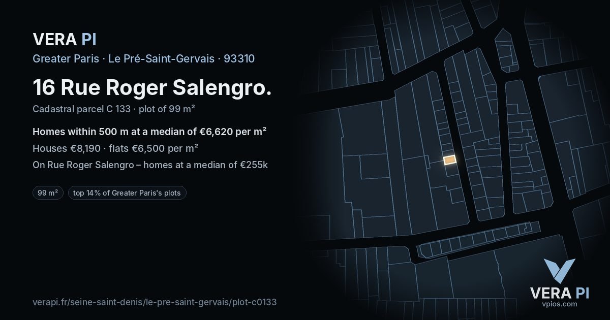 16 Rue Roger Salengro, Le Pré-Saint-Gervais at night – the plot lit, the parcels around coloured by the prices near them