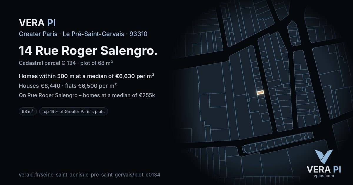 14 Rue Roger Salengro, Le Pré-Saint-Gervais at night – the plot lit, the parcels around coloured by the prices near them