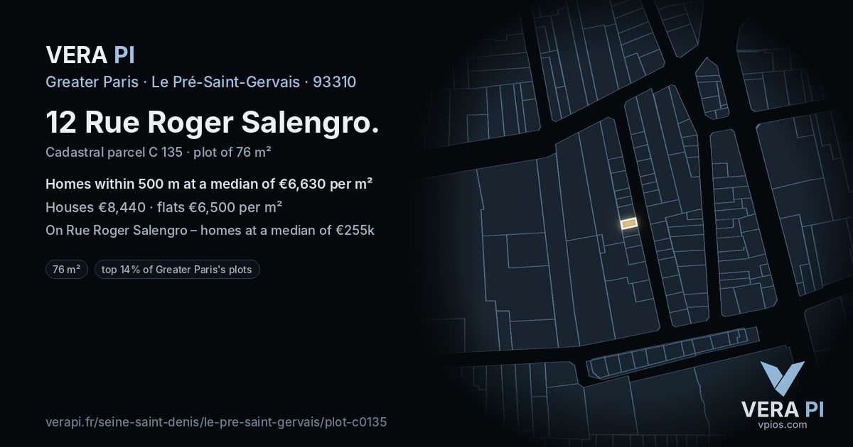 12 Rue Roger Salengro, Le Pré-Saint-Gervais at night – the plot lit, the parcels around coloured by the prices near them