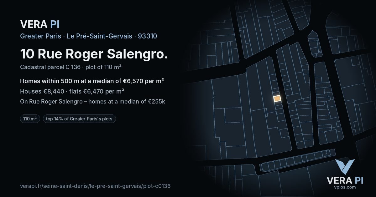 10 Rue Roger Salengro, Le Pré-Saint-Gervais at night – the plot lit, the parcels around coloured by the prices near them