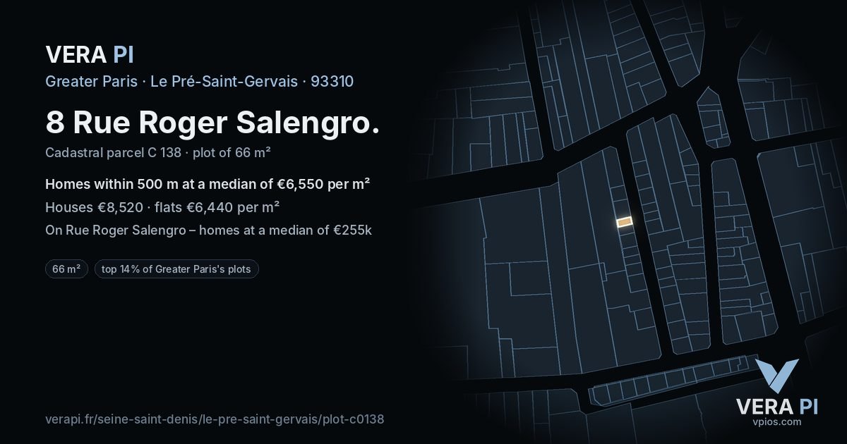 8 Rue Roger Salengro, Le Pré-Saint-Gervais at night – the plot lit, the parcels around coloured by the prices near them