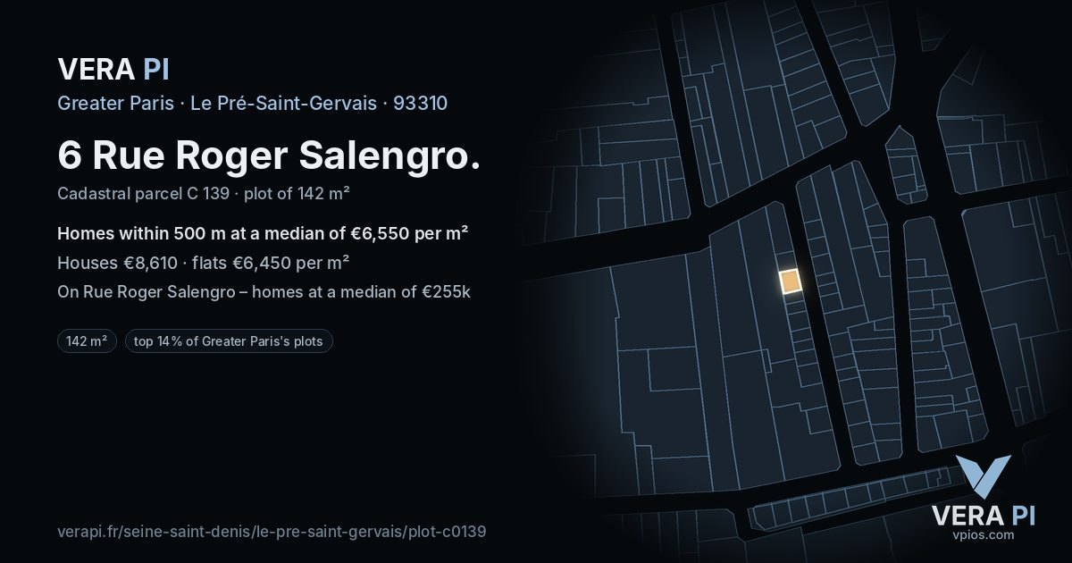 6 Rue Roger Salengro, Le Pré-Saint-Gervais at night – the plot lit, the parcels around coloured by the prices near them