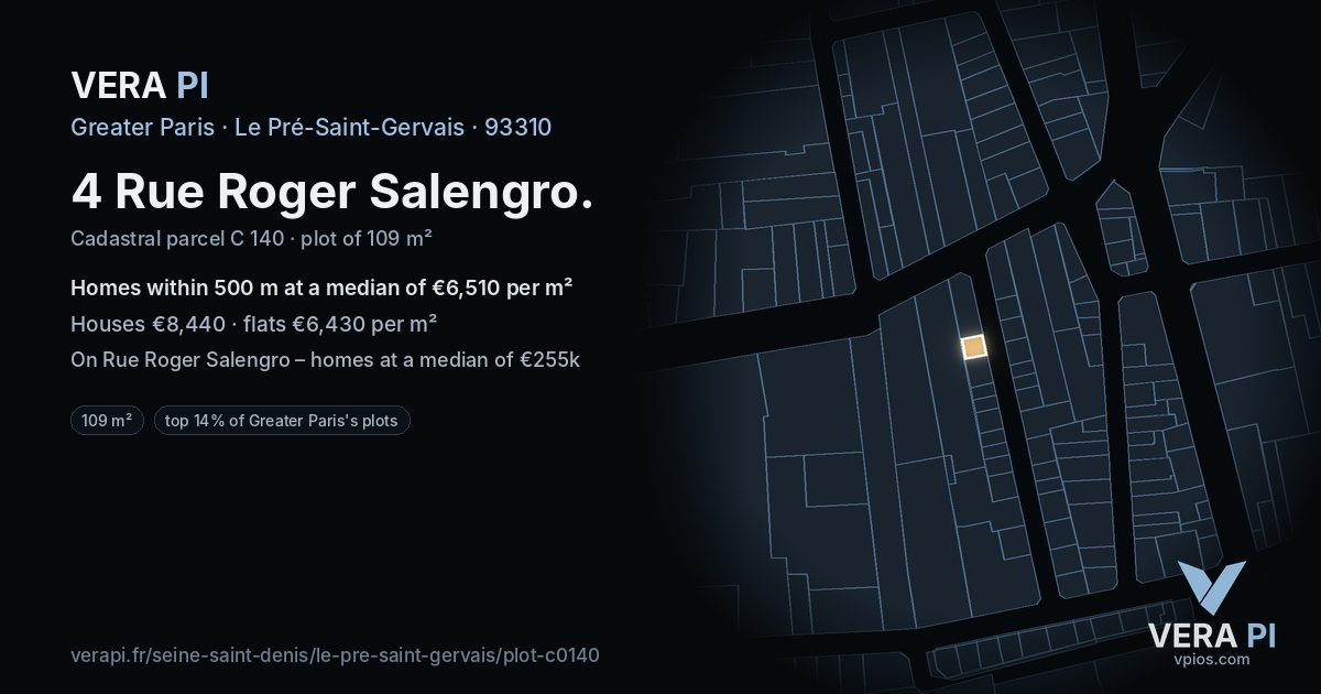 4 Rue Roger Salengro, Le Pré-Saint-Gervais at night – the plot lit, the parcels around coloured by the prices near them