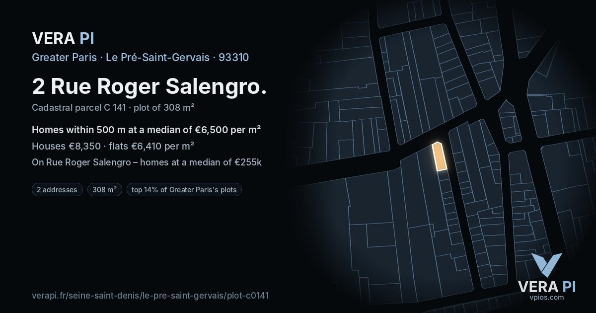 2 Rue Roger Salengro, Le Pré-Saint-Gervais at night – the plot lit, the parcels around coloured by the prices near them
