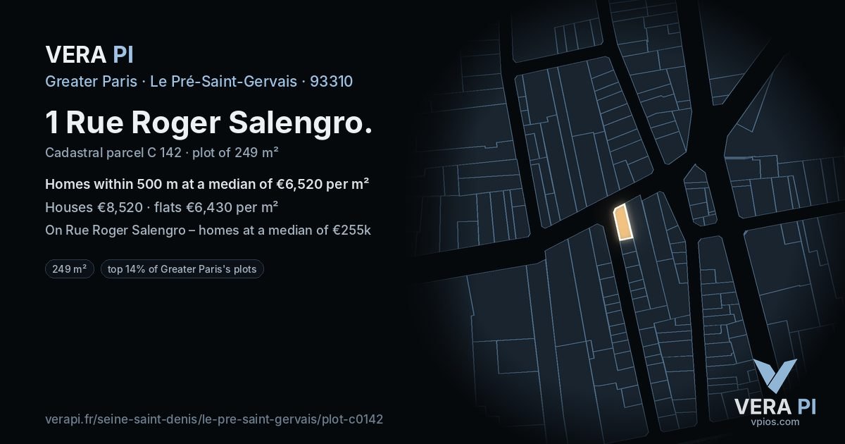1 Rue Roger Salengro, Le Pré-Saint-Gervais at night – the plot lit, the parcels around coloured by the prices near them