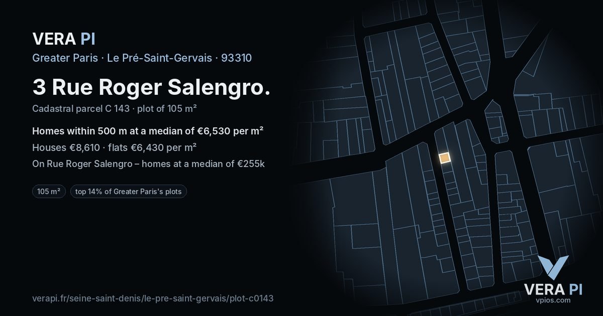 3 Rue Roger Salengro, Le Pré-Saint-Gervais at night – the plot lit, the parcels around coloured by the prices near them
