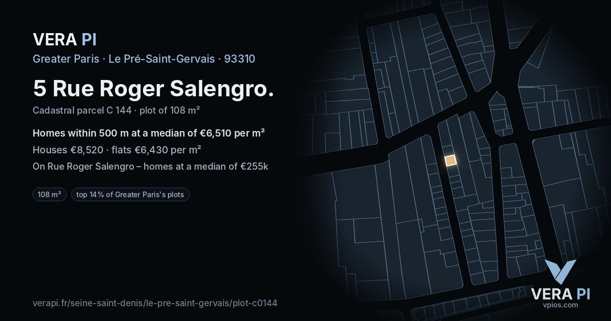 5 Rue Roger Salengro, Le Pré-Saint-Gervais at night – the plot lit, the parcels around coloured by the prices near them