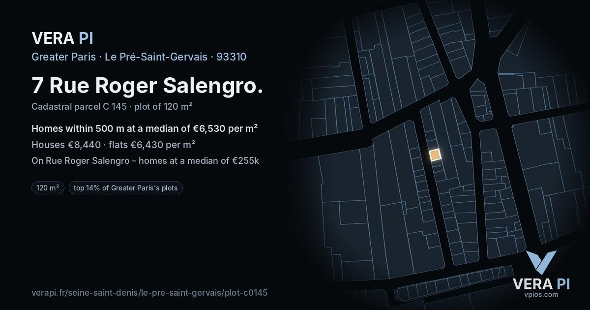 7 Rue Roger Salengro, Le Pré-Saint-Gervais at night – the plot lit, the parcels around coloured by the prices near them