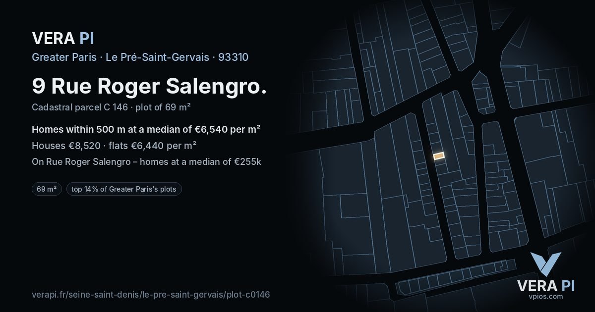 9 Rue Roger Salengro, Le Pré-Saint-Gervais at night – the plot lit, the parcels around coloured by the prices near them