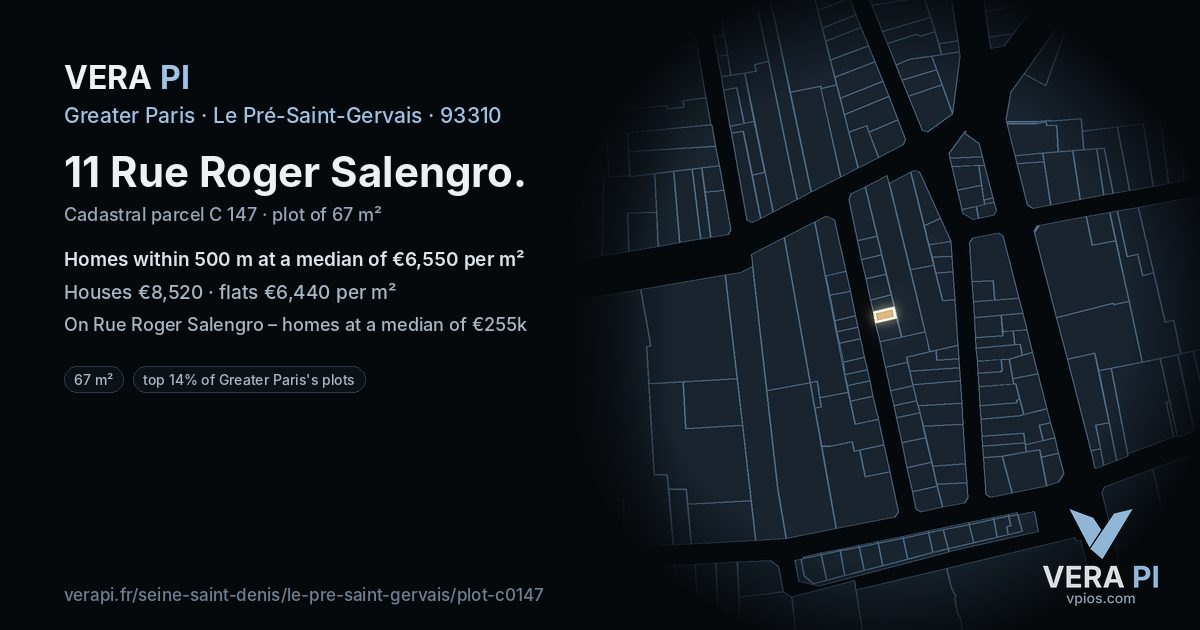 11 Rue Roger Salengro, Le Pré-Saint-Gervais at night – the plot lit, the parcels around coloured by the prices near them