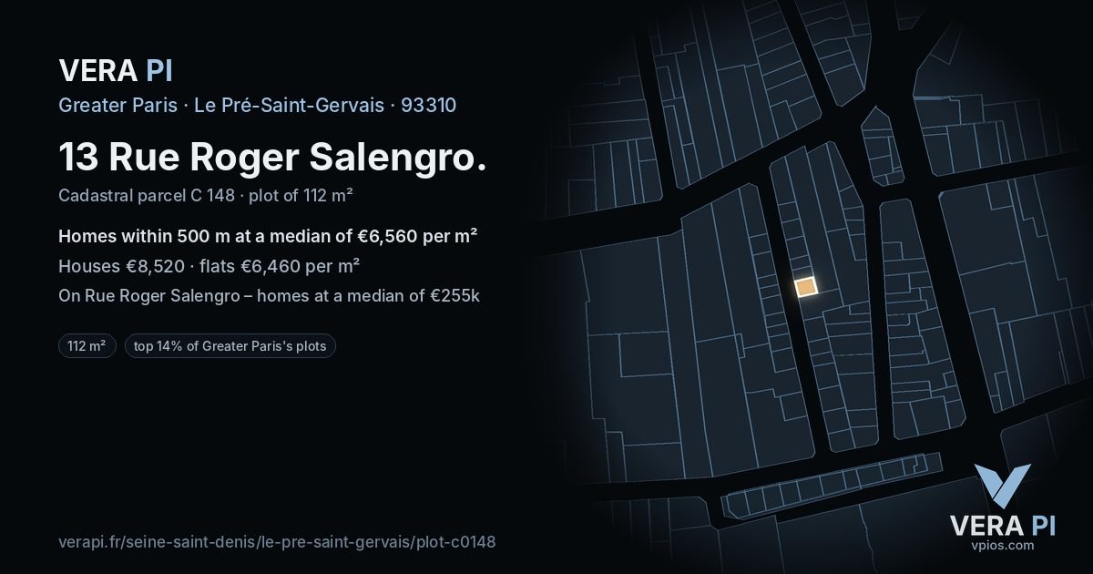 13 Rue Roger Salengro, Le Pré-Saint-Gervais at night – the plot lit, the parcels around coloured by the prices near them