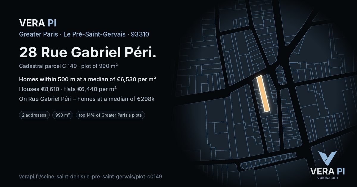 28 Rue Gabriel Péri, Le Pré-Saint-Gervais at night – the plot lit, the parcels around coloured by the prices near them
