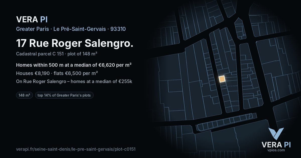 17 Rue Roger Salengro, Le Pré-Saint-Gervais at night – the plot lit, the parcels around coloured by the prices near them