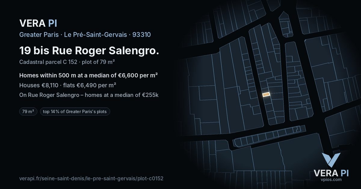 19 bis Rue Roger Salengro, Le Pré-Saint-Gervais at night – the plot lit, the parcels around coloured by the prices near them
