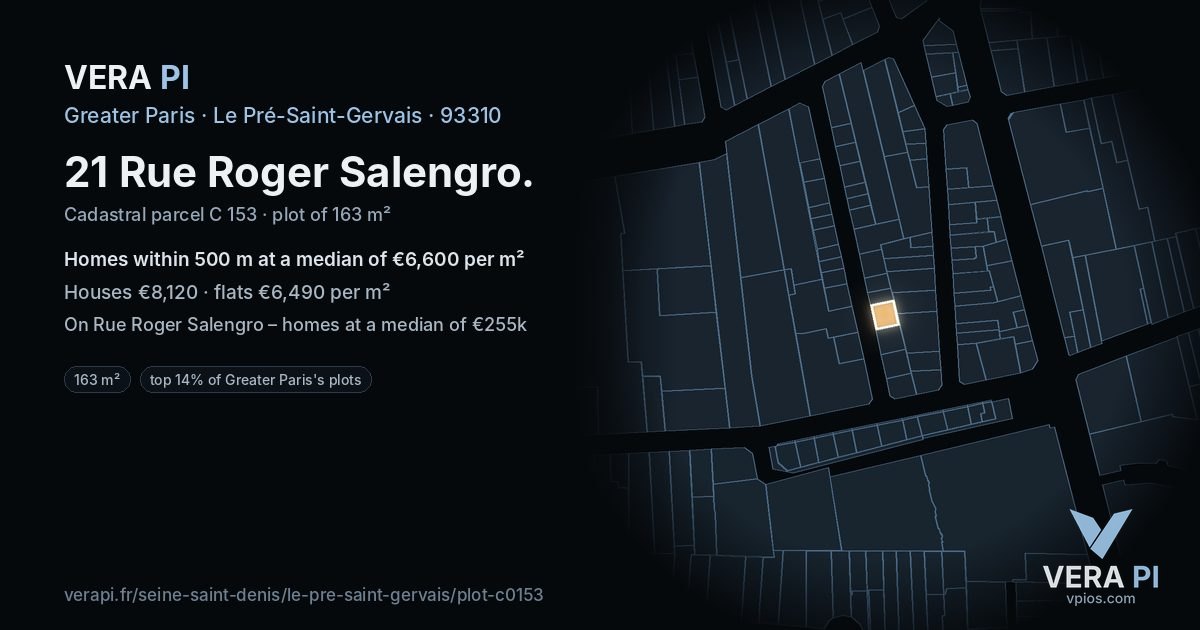 21 Rue Roger Salengro, Le Pré-Saint-Gervais at night – the plot lit, the parcels around coloured by the prices near them