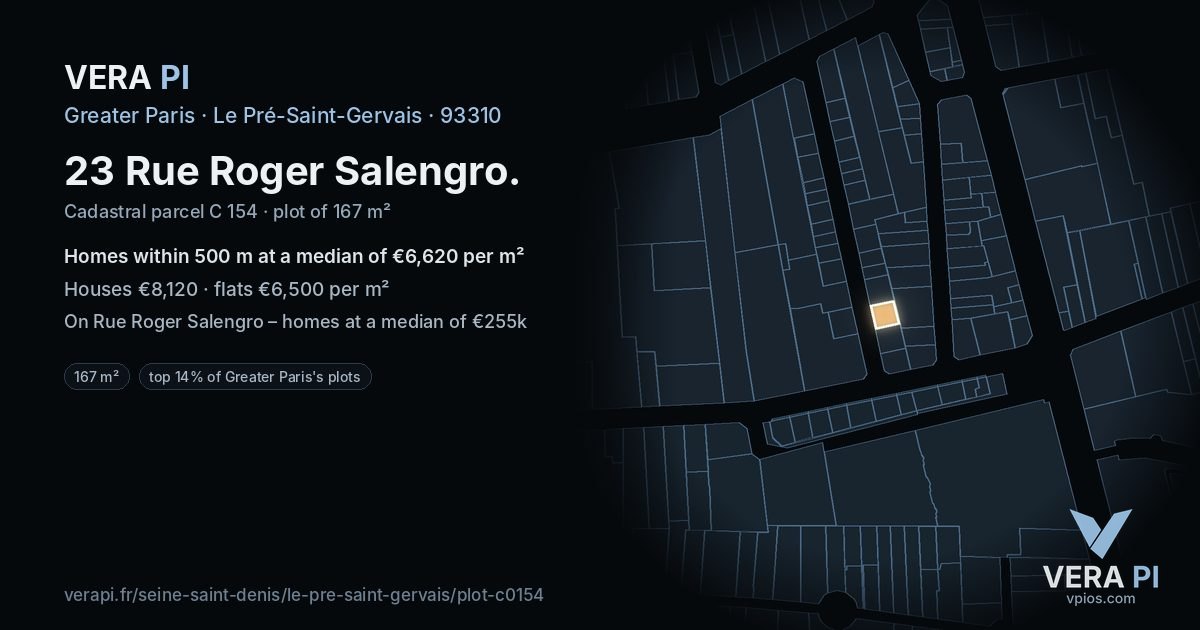 23 Rue Roger Salengro, Le Pré-Saint-Gervais at night – the plot lit, the parcels around coloured by the prices near them