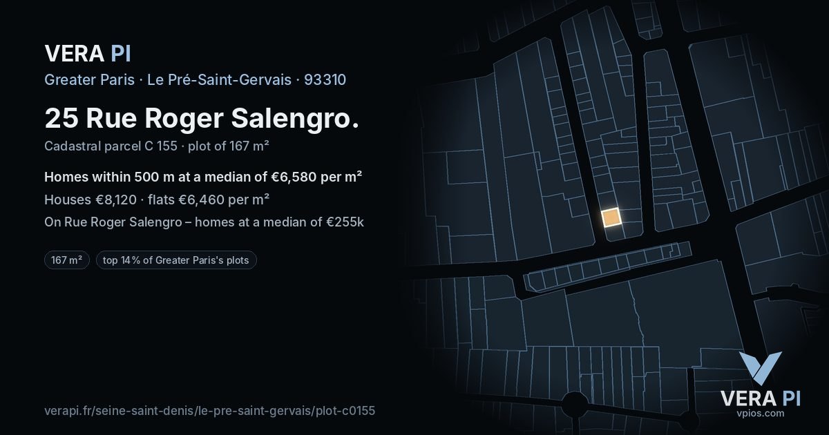 25 Rue Roger Salengro, Le Pré-Saint-Gervais at night – the plot lit, the parcels around coloured by the prices near them