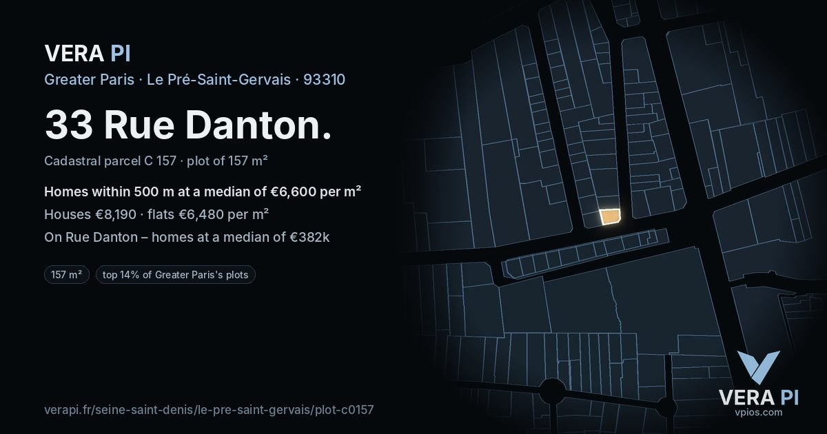 33 Rue Danton, Le Pré-Saint-Gervais at night – the plot lit, the parcels around coloured by the prices near them