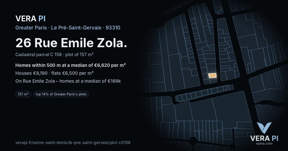 26 Rue Emile Zola, Le Pré-Saint-Gervais at night – the plot lit, the parcels around coloured by the prices near them