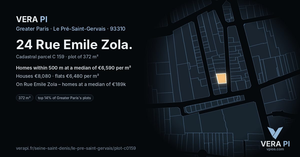 24 Rue Emile Zola, Le Pré-Saint-Gervais at night – the plot lit, the parcels around coloured by the prices near them