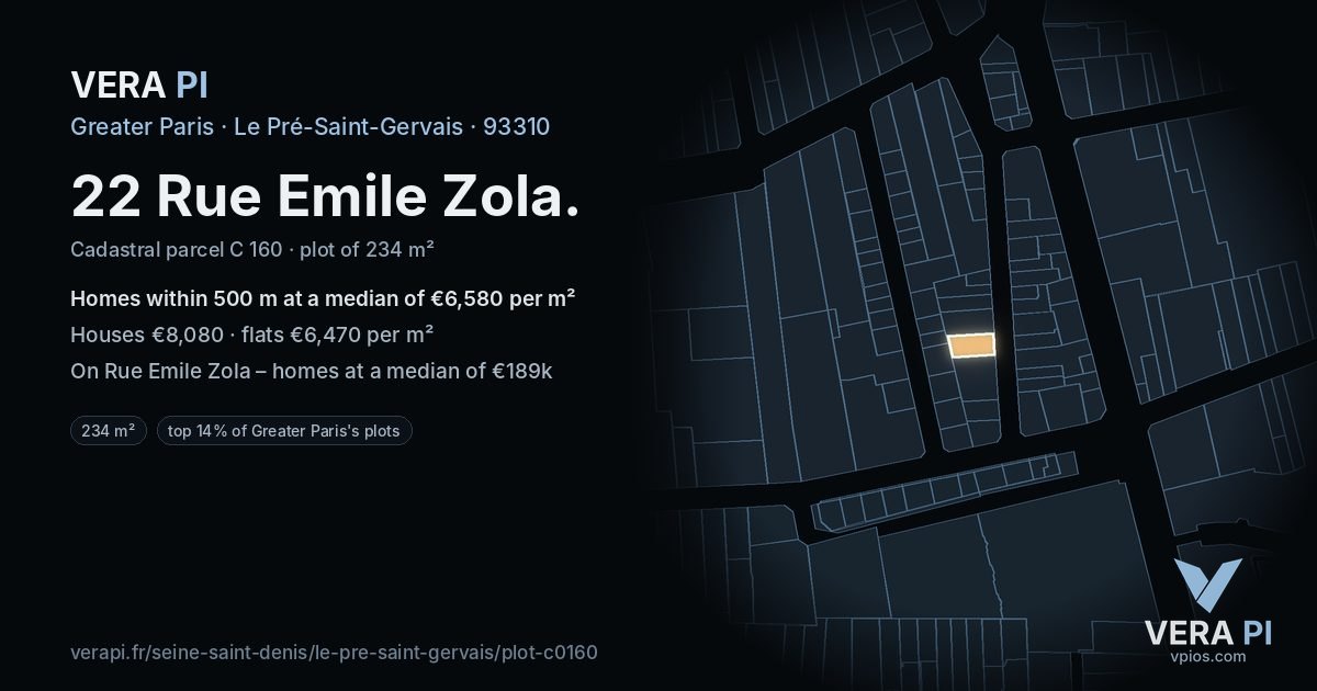 22 Rue Emile Zola, Le Pré-Saint-Gervais at night – the plot lit, the parcels around coloured by the prices near them