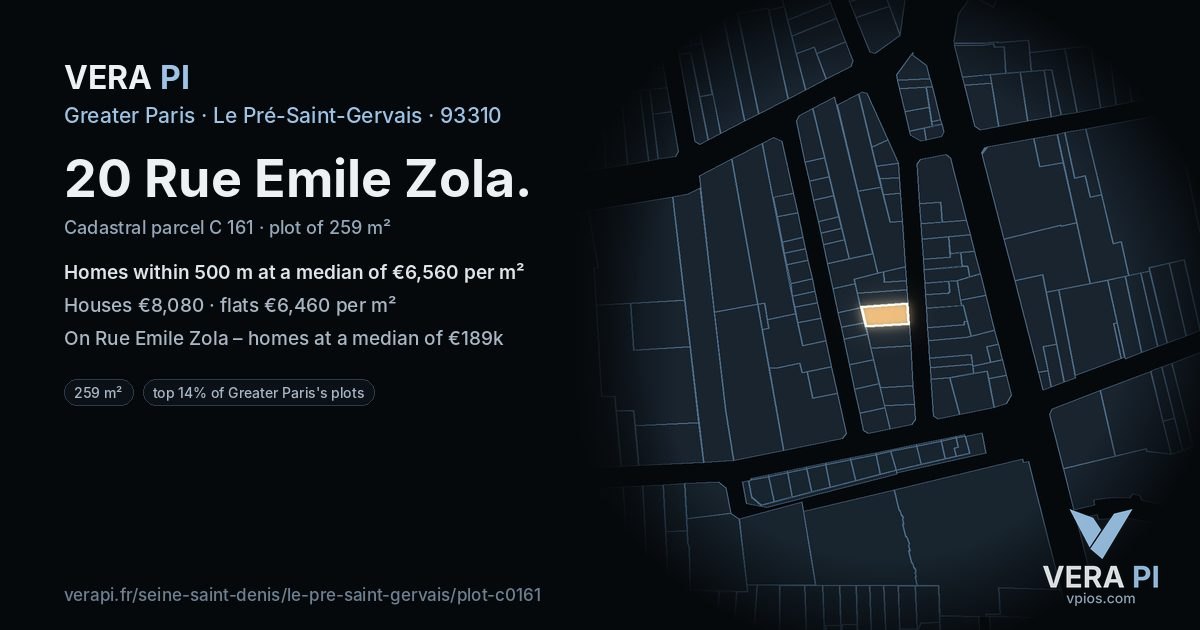 20 Rue Emile Zola, Le Pré-Saint-Gervais at night – the plot lit, the parcels around coloured by the prices near them