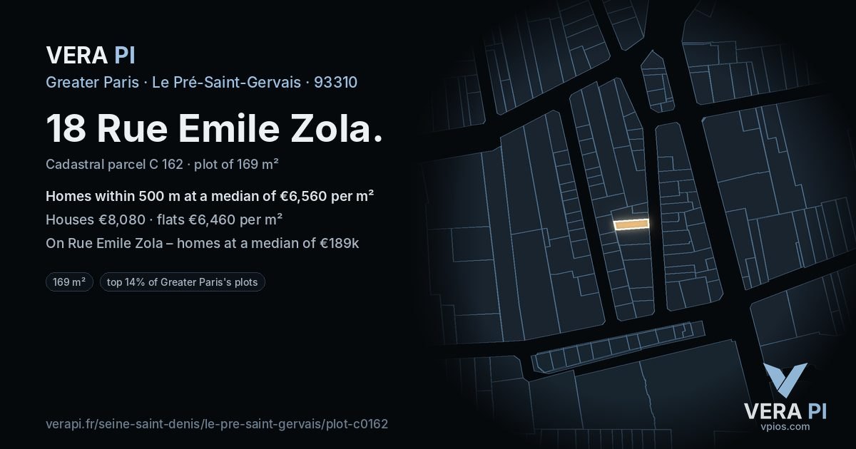 18 Rue Emile Zola, Le Pré-Saint-Gervais at night – the plot lit, the parcels around coloured by the prices near them