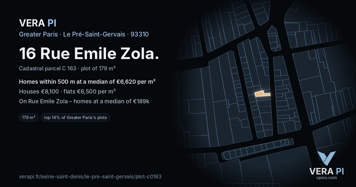 16 Rue Emile Zola, Le Pré-Saint-Gervais at night – the plot lit, the parcels around coloured by the prices near them