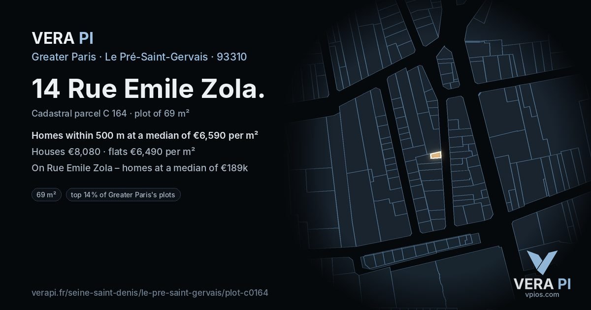 14 Rue Emile Zola, Le Pré-Saint-Gervais at night – the plot lit, the parcels around coloured by the prices near them